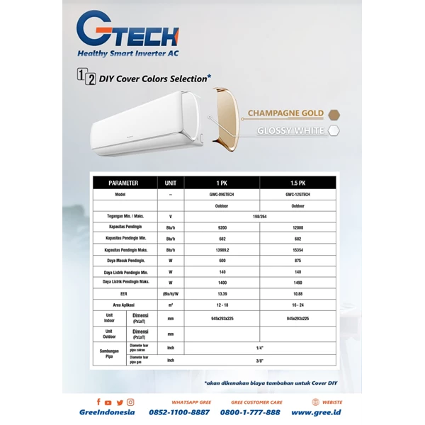 AC Split Gree 1.5PK G TECH Healthy Smart Inverter